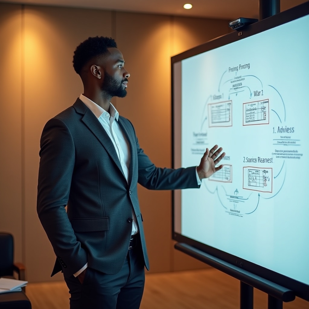 Lektor vysvetľuje metodiku kalkulácie cien na tabuli